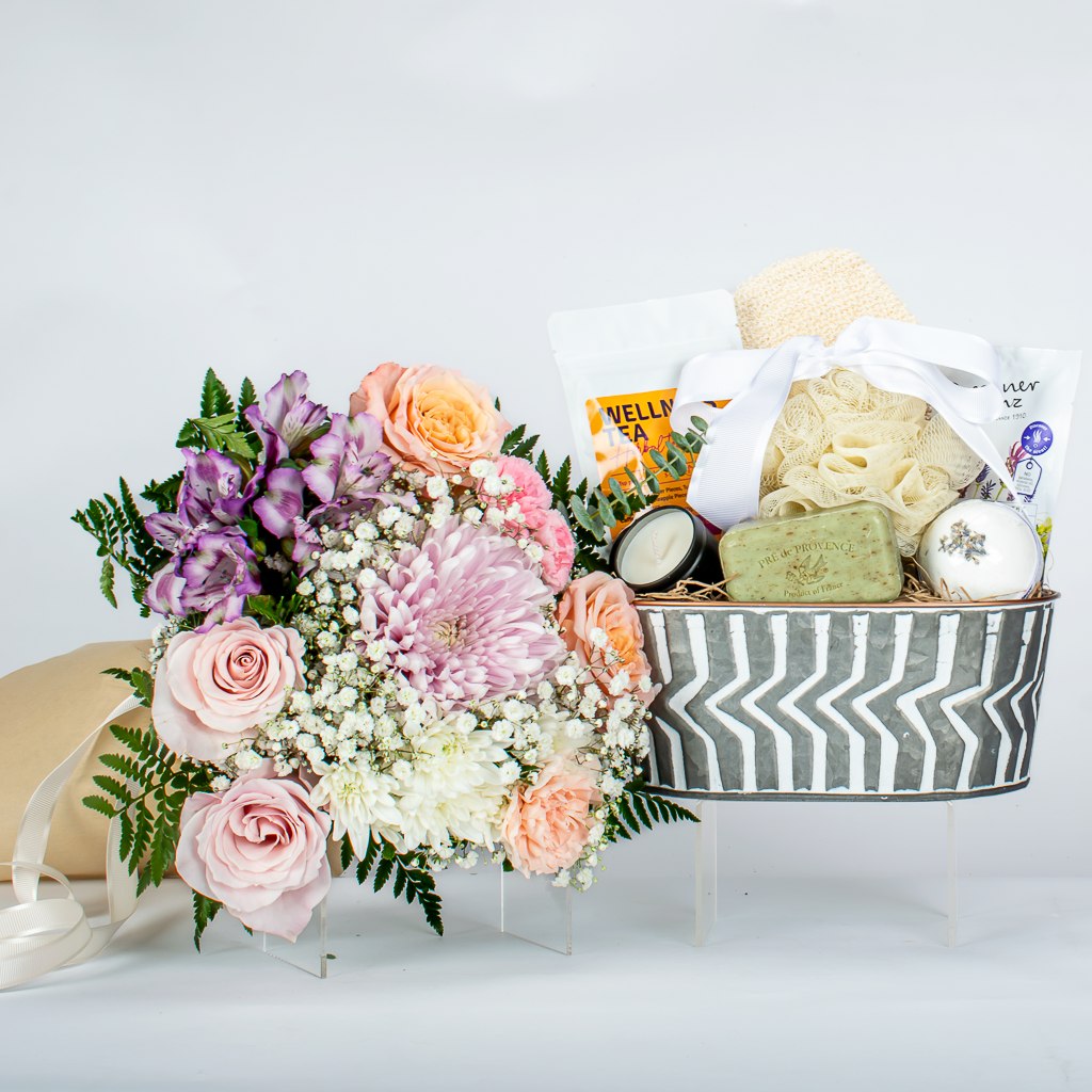 Flower Arrangement With Relaxing Spa Basket