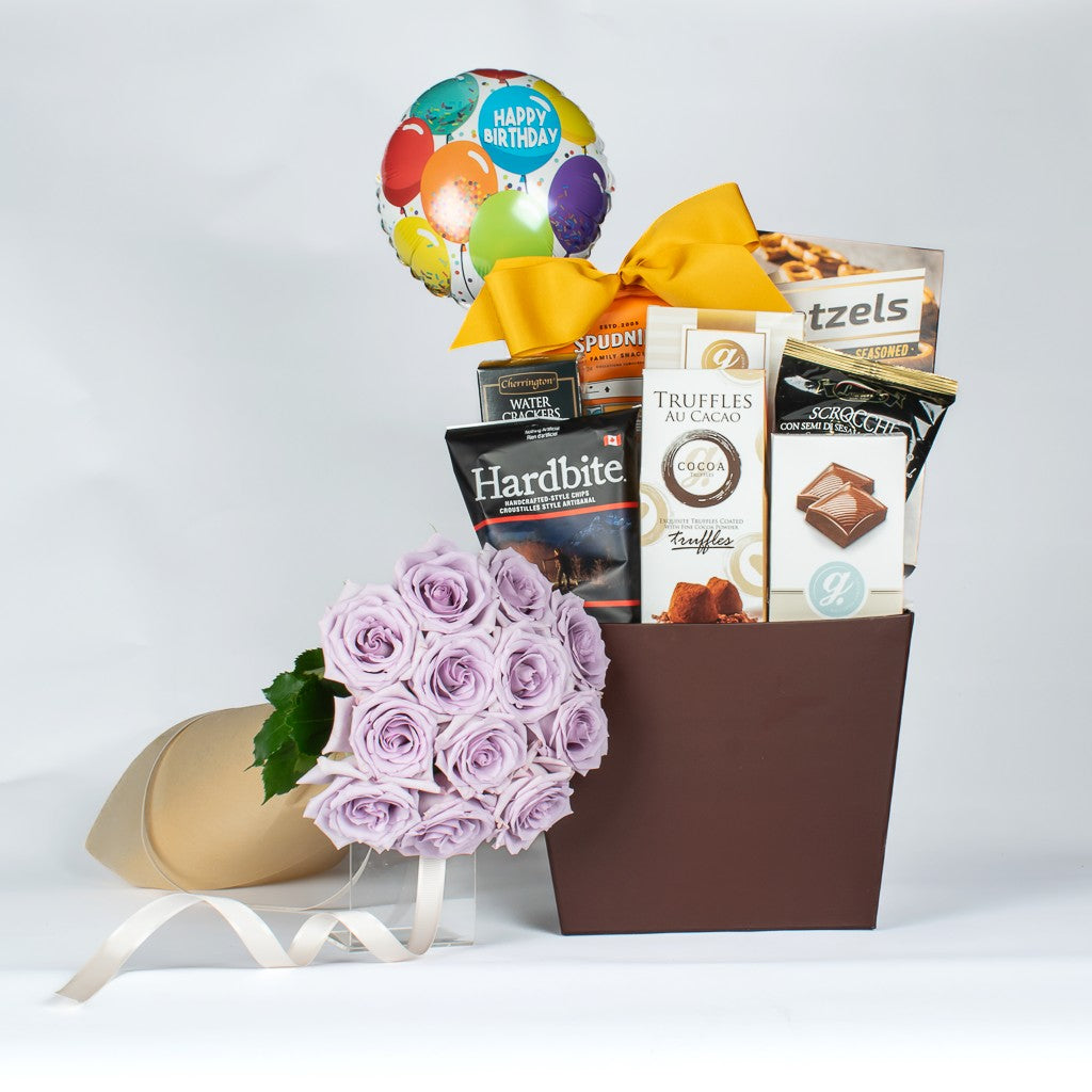 Birthday Gourmet Basket And Flowers