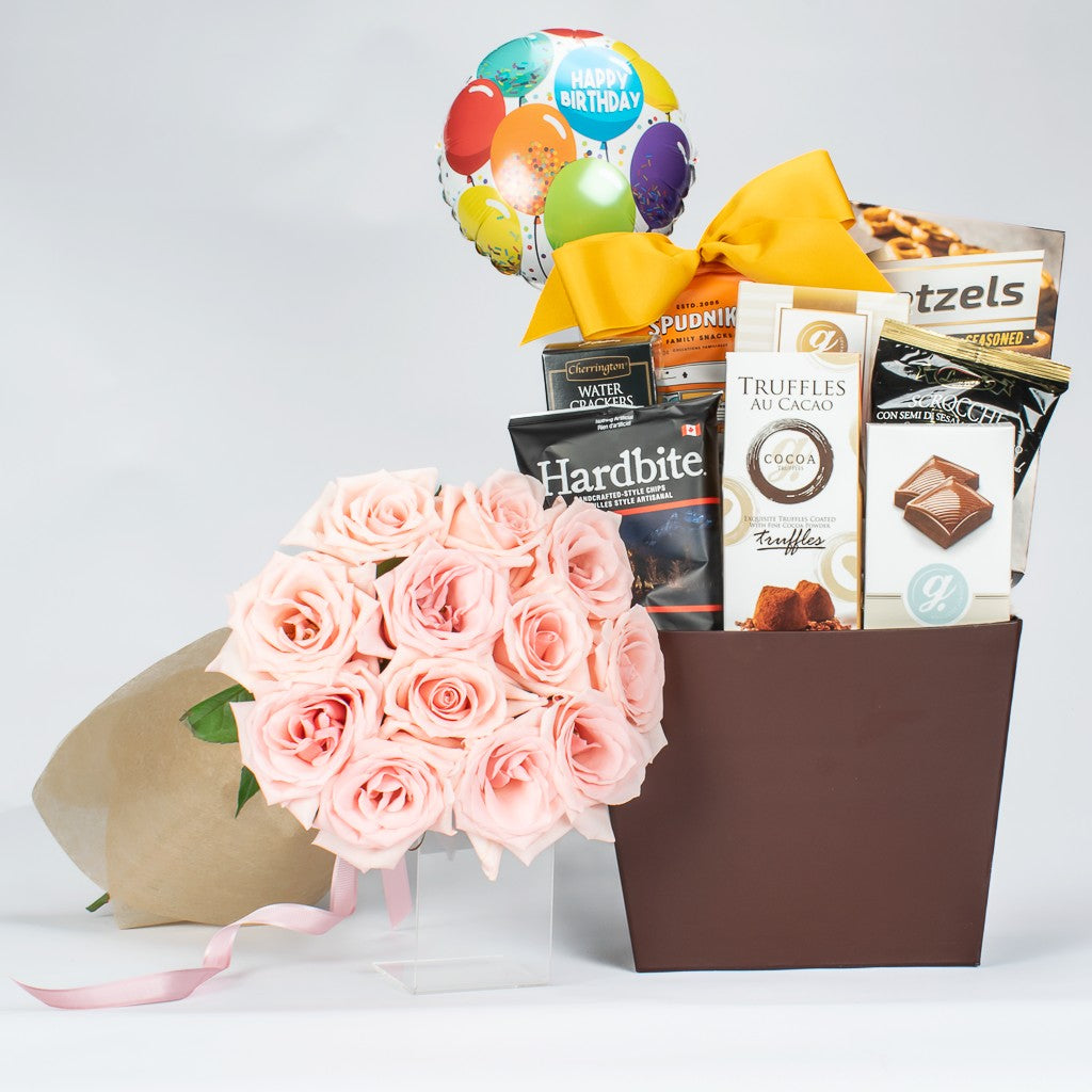 A Dozen Pink Roses And Gourmet Items 