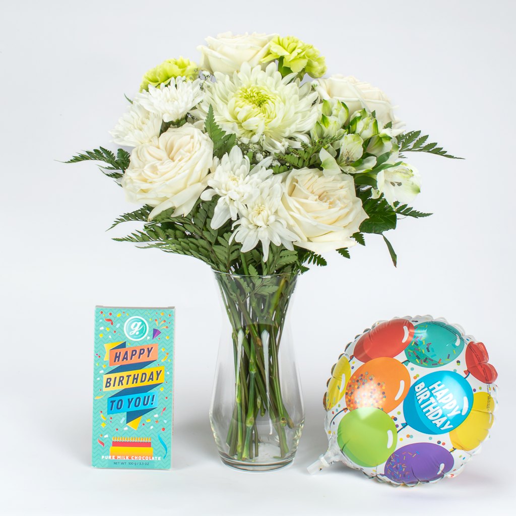 Birthday Treats With White Bouquet In Vase