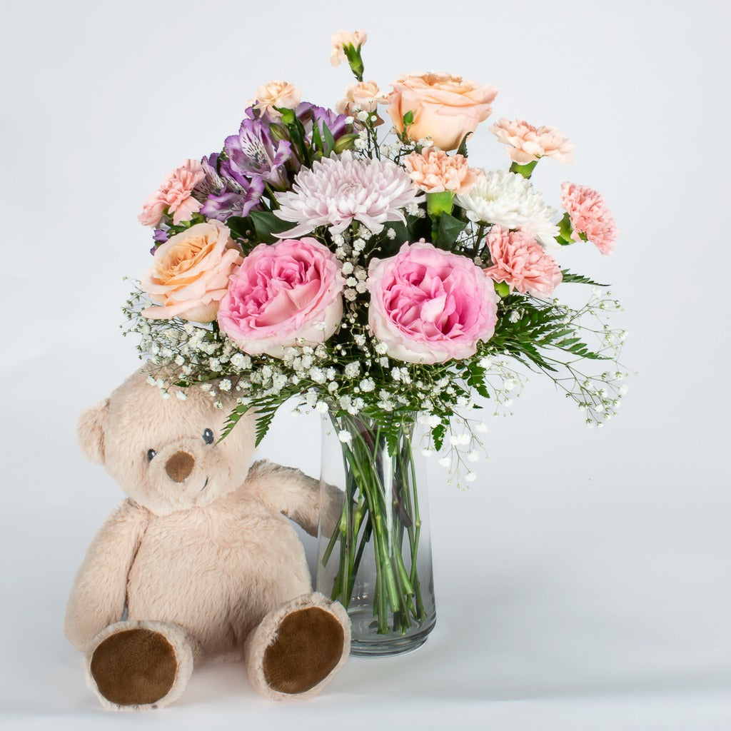 Teddy Plush With Flowers In Vase