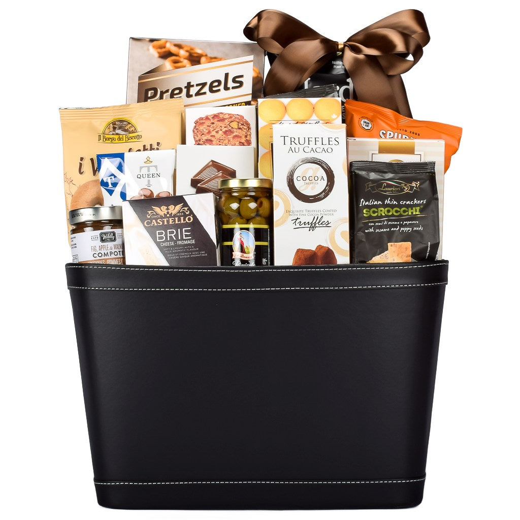 Leather Gift Basket With Sweets And Savoury Items