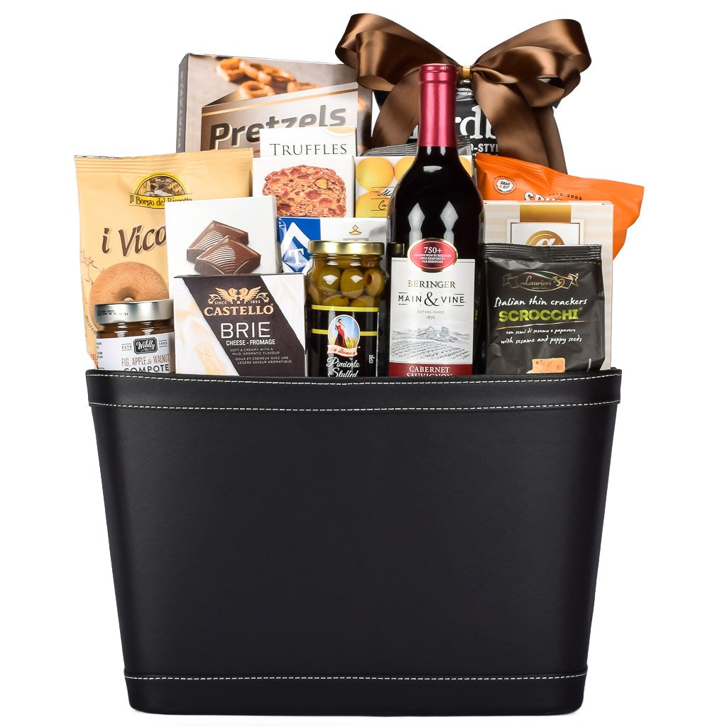 Cabernet Wine In Leather Basket With Treats