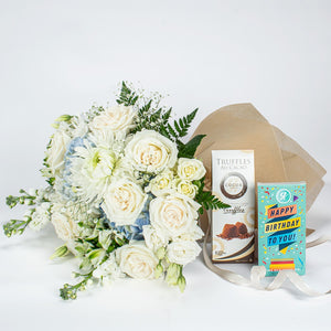 Luxury White Birthday Bouquet And Chocolate