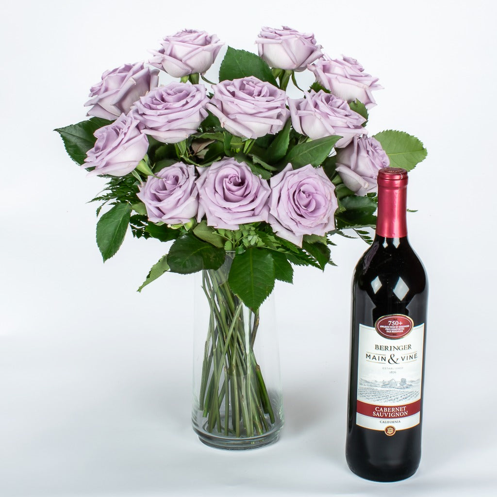 A Dozen Lavender Roses With Cabernet Wine