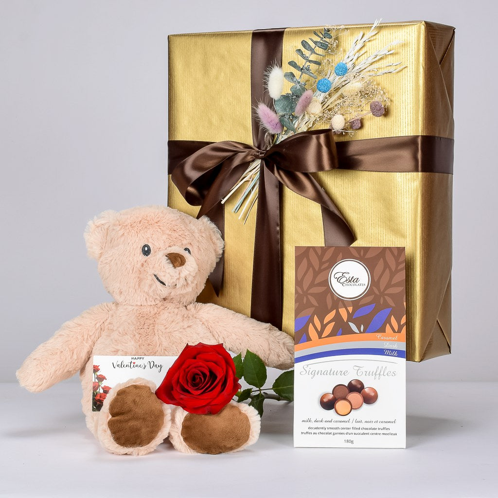 Cute Teddy Plush With Red Rose And Chocolate