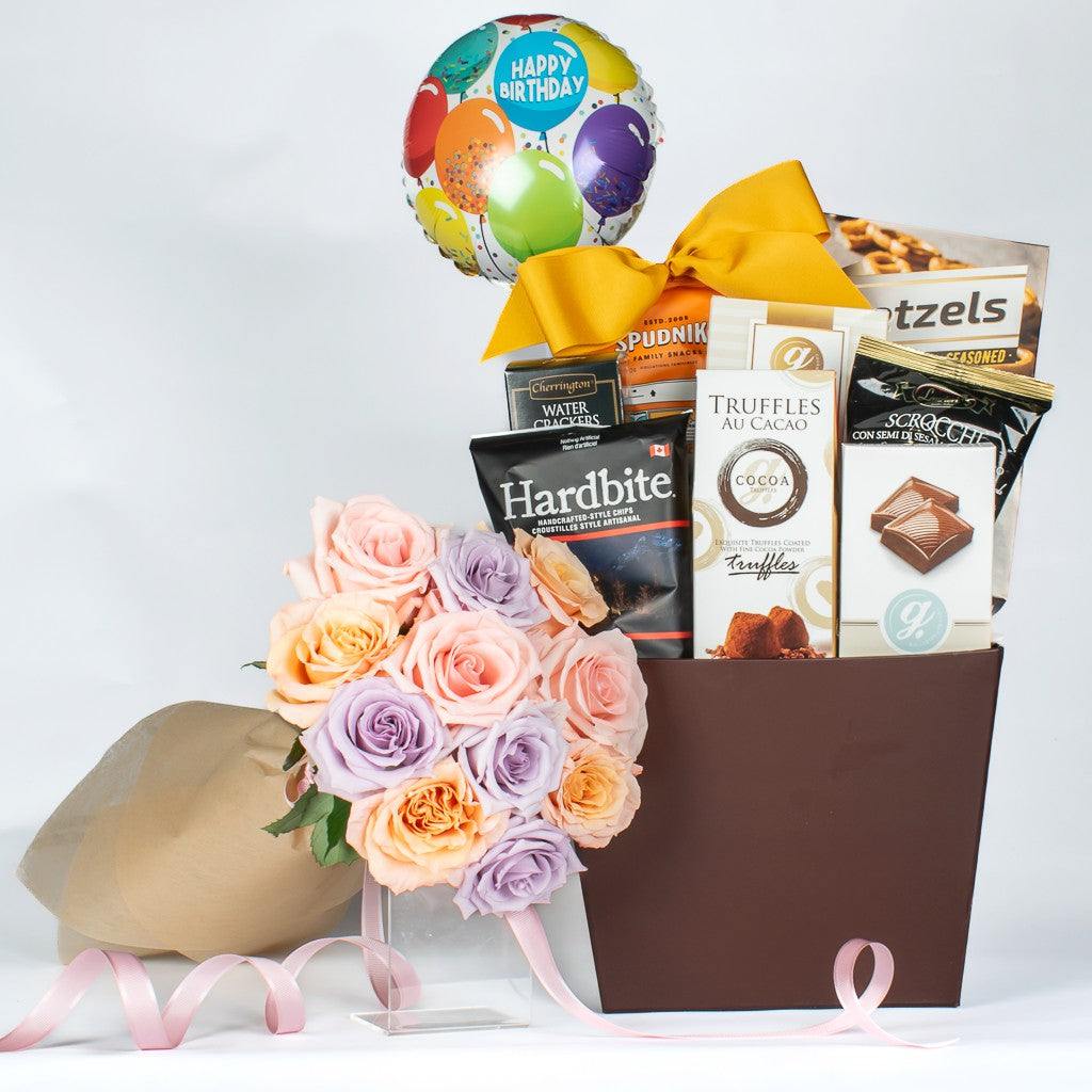 Birthday Gift Basket With Mixed Roses