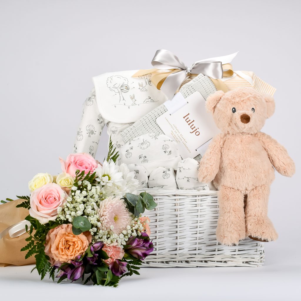 Neutral Baby Gift With Flowers