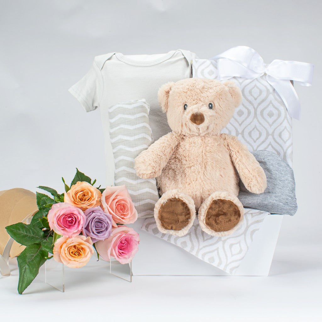 6 Mixed Roses And Plush Baby Gift