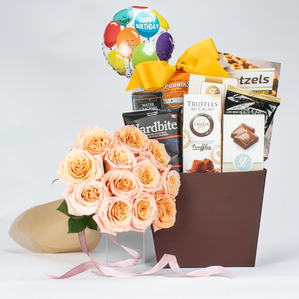 Birthday Gift Basket And Peach Roses Included