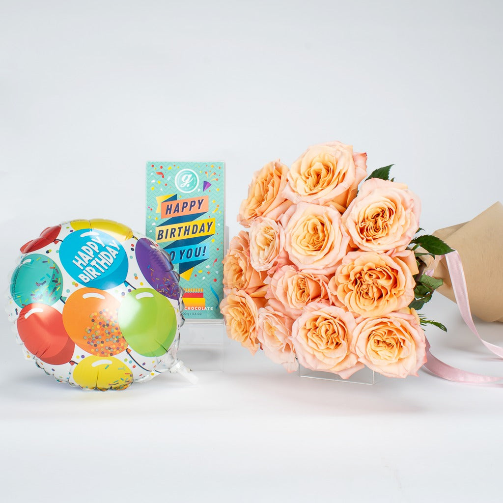 Peach Birthday Roses With Chocolate 