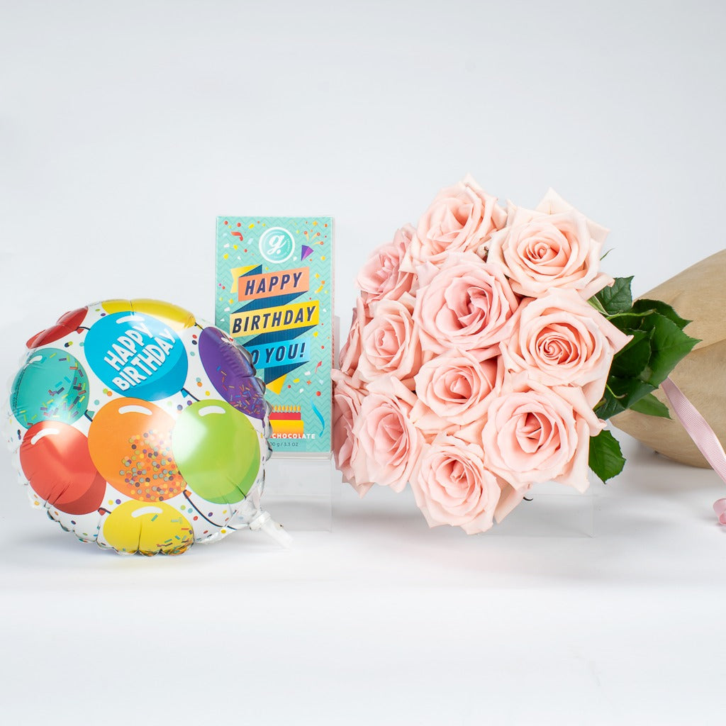 Birthday Pink Roses With Chocolate And Balloon