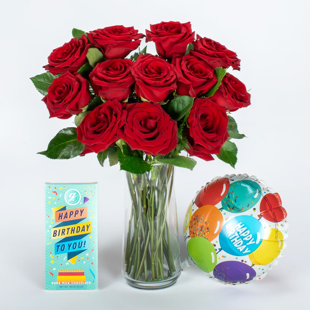 12 Red Roses In Vase With Balloon 