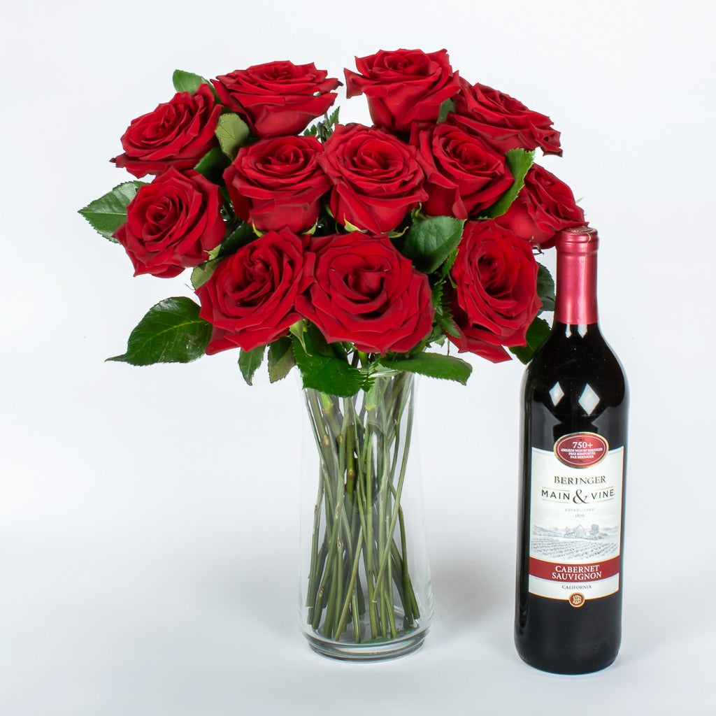 12 Red Roses In Vase With Wine