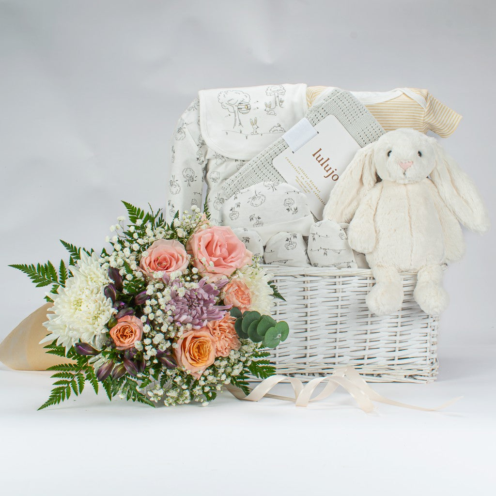 Neutral Baby Gift With Flowers