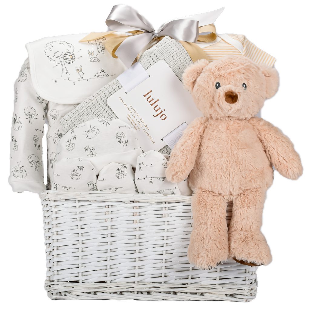 Baby Neutral Gift Basket With Teddy Bear