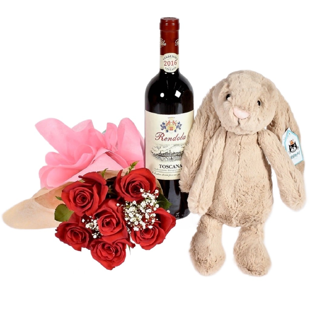 Birthday Wine Gift With Toronto Roses and Plush Delivery - MY BASKETS